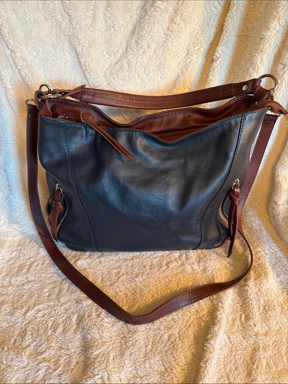 Two-Tone Navy and Brown Leather Shoulder Bag